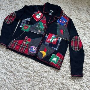 Design Originals Studio Joy Christmas Sweater Women's P/Medium Cardigan Elbow Pa